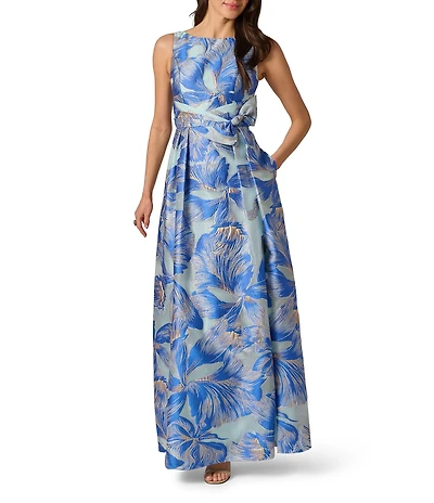 Adrianna Papell Floral Organza Boat Neck Sleeveless Bow Gown