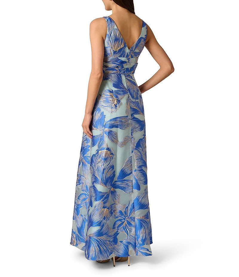 Adrianna Papell Floral Organza Boat Neck Sleeveless Bow Gown