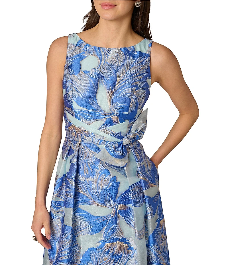 Adrianna Papell Floral Organza Boat Neck Sleeveless Bow Gown