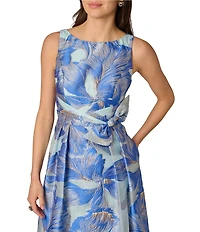 Adrianna Papell Floral Organza Boat Neck Sleeveless Bow Gown
