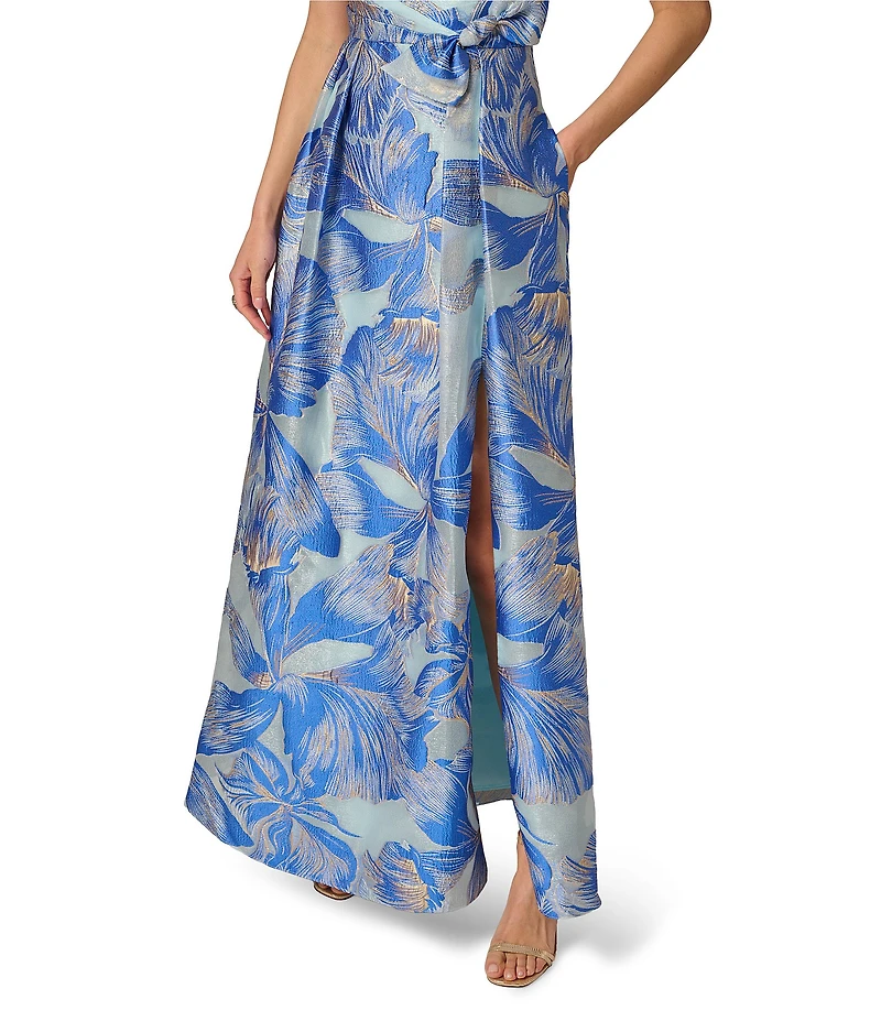 Adrianna Papell Floral Organza Boat Neck Sleeveless Bow Gown