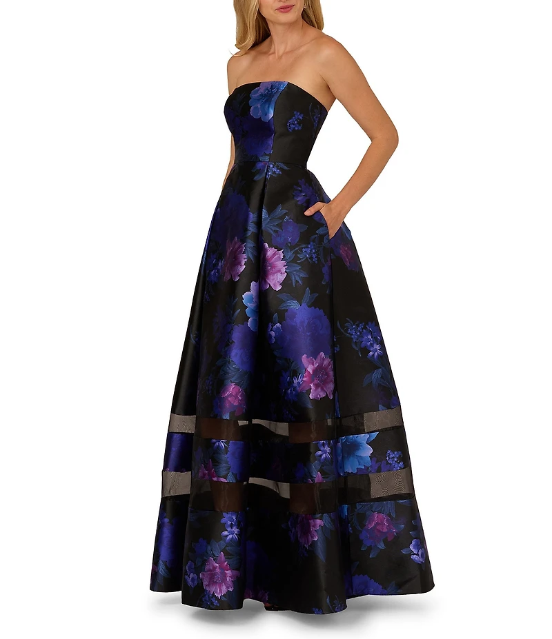 Adrianna Papell Floral Organza Strapless Sheer Stripe Skirt Ballgown
