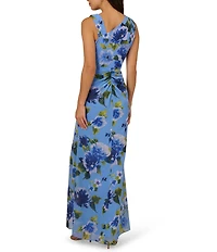 Adrianna Papell Floral Print Chiffon Asymmetrical Neck Sleeveless Front Ruffle Twist Column Dress
