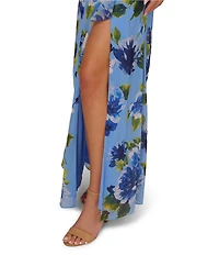 Adrianna Papell Floral Print Chiffon Asymmetrical Neck Sleeveless Front Ruffle Twist Column Dress