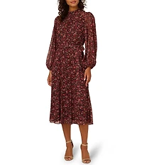Adrianna Papell Floral Print Chiffon Long Bubble Sleeve Midi Dress