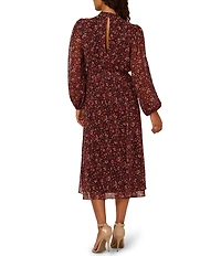Adrianna Papell Floral Print Chiffon Long Bubble Sleeve Midi Dress