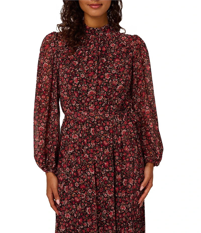 Adrianna Papell Floral Print Chiffon Long Bubble Sleeve Midi Dress
