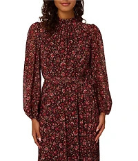 Adrianna Papell Floral Print Chiffon Long Bubble Sleeve Midi Dress