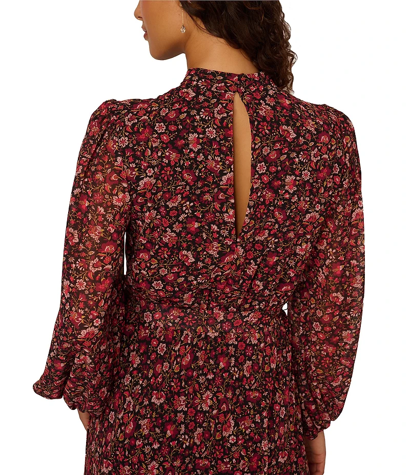 Adrianna Papell Floral Print Chiffon Long Bubble Sleeve Midi Dress
