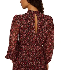 Adrianna Papell Floral Print Chiffon Long Bubble Sleeve Midi Dress
