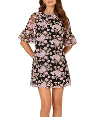 Adrianna Papell Floral Print Embroidered 3/4 Flutter Sleeve A-line Dress