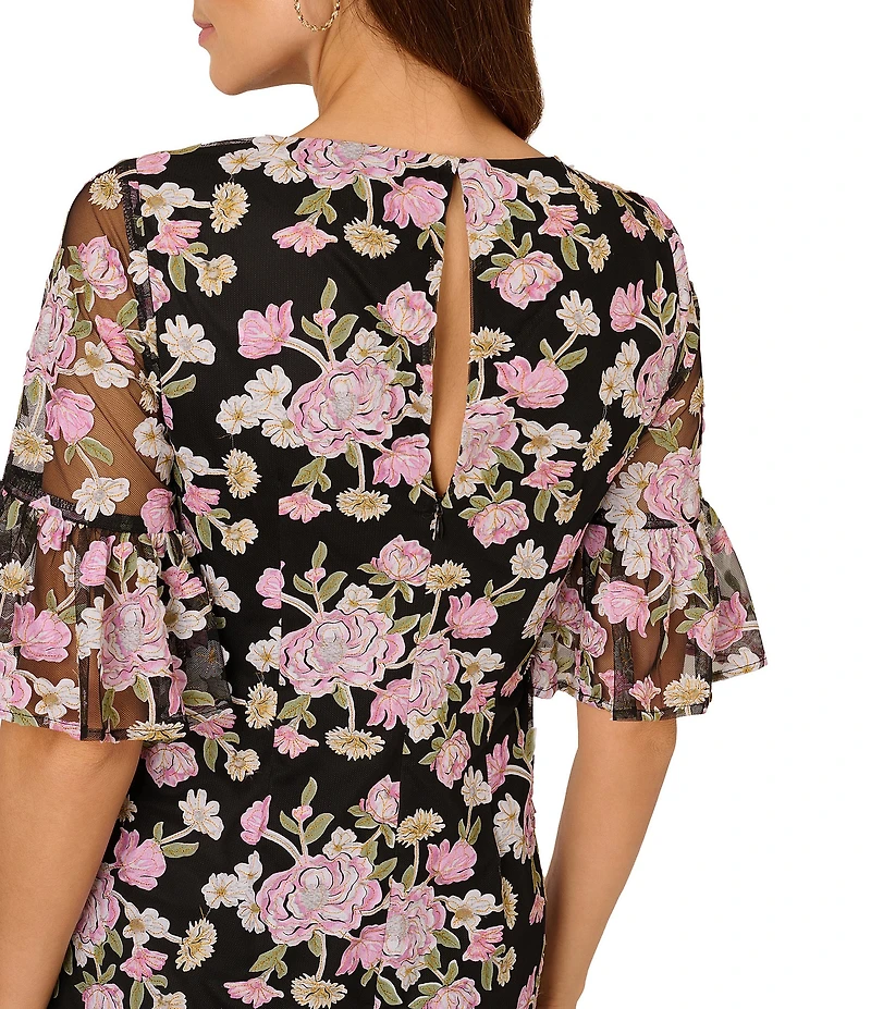 Adrianna Papell Floral Print Embroidered 3/4 Flutter Sleeve A-line Dress