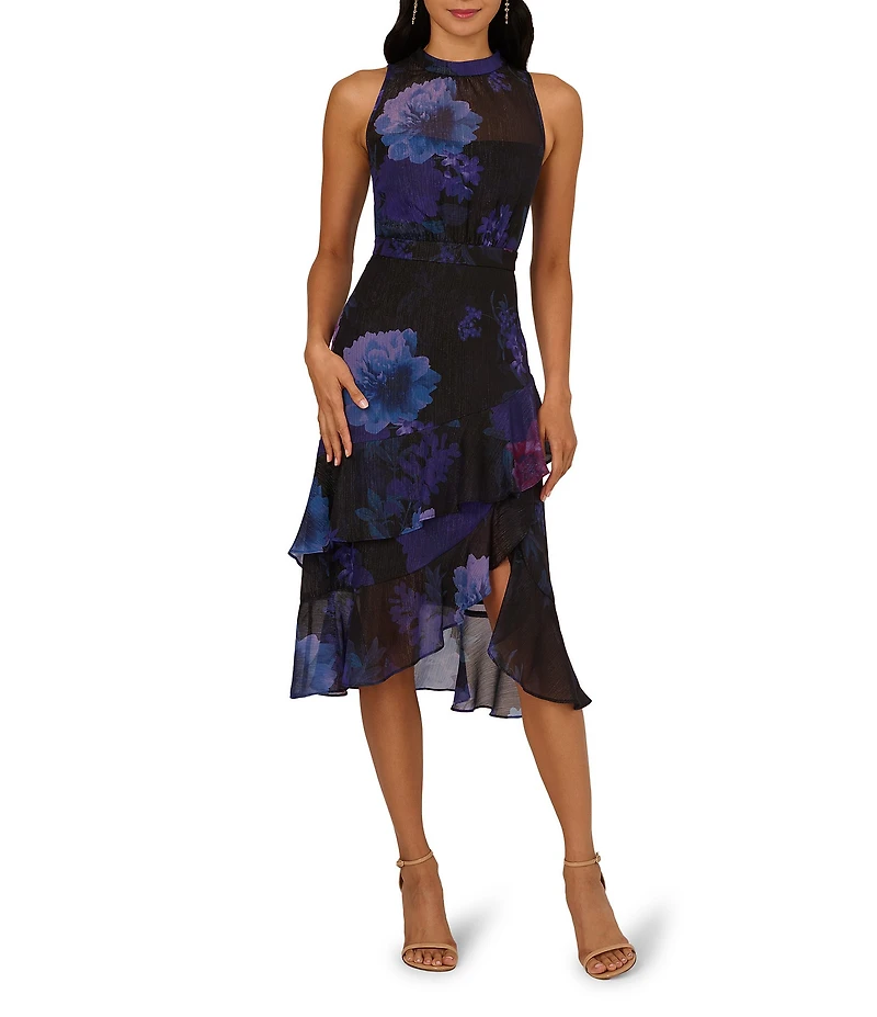 Adrianna Papell Floral Print Glitter Woven Halter Neck Sleeveless Tiered Midi Dress