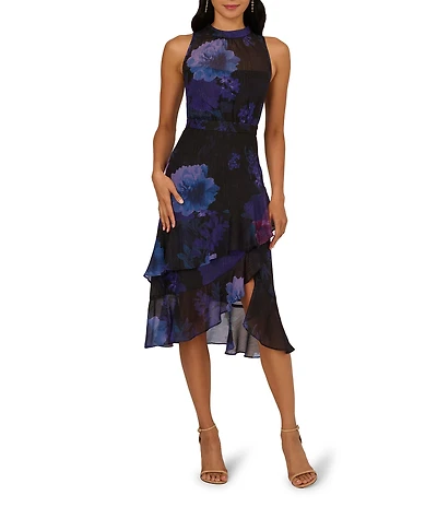 Adrianna Papell Floral Print Glitter Woven Halter Neck Sleeveless Tiered Midi Dress