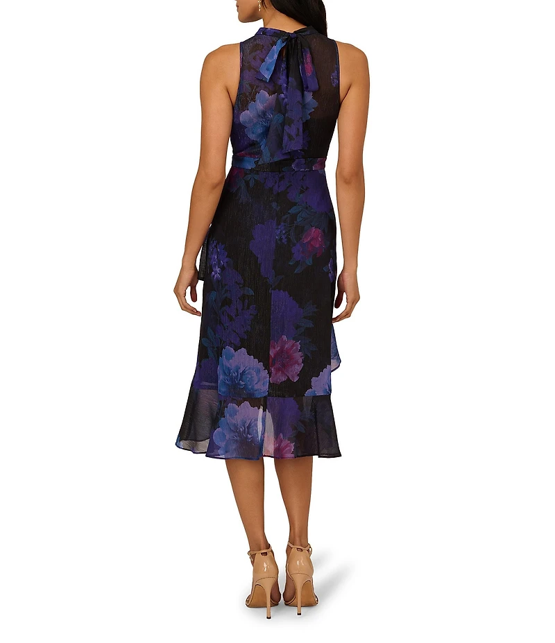 Adrianna Papell Floral Print Glitter Woven Halter Neck Sleeveless Tiered Midi Dress
