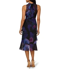Adrianna Papell Floral Print Glitter Woven Halter Neck Sleeveless Tiered Midi Dress