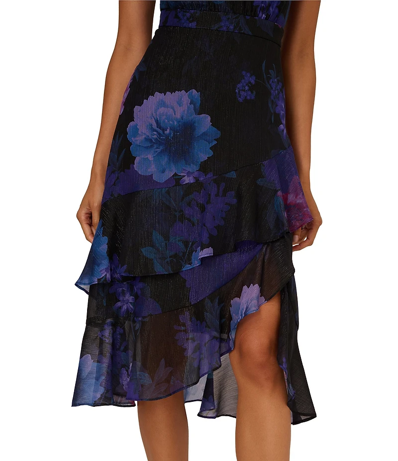 Adrianna Papell Floral Print Glitter Woven Halter Neck Sleeveless Tiered Midi Dress