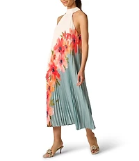 Adrianna Papell Floral Print Halter Neck Pleated Chiffon Midi Dress