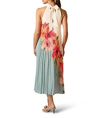 Adrianna Papell Floral Print Halter Neck Pleated Chiffon Midi Dress
