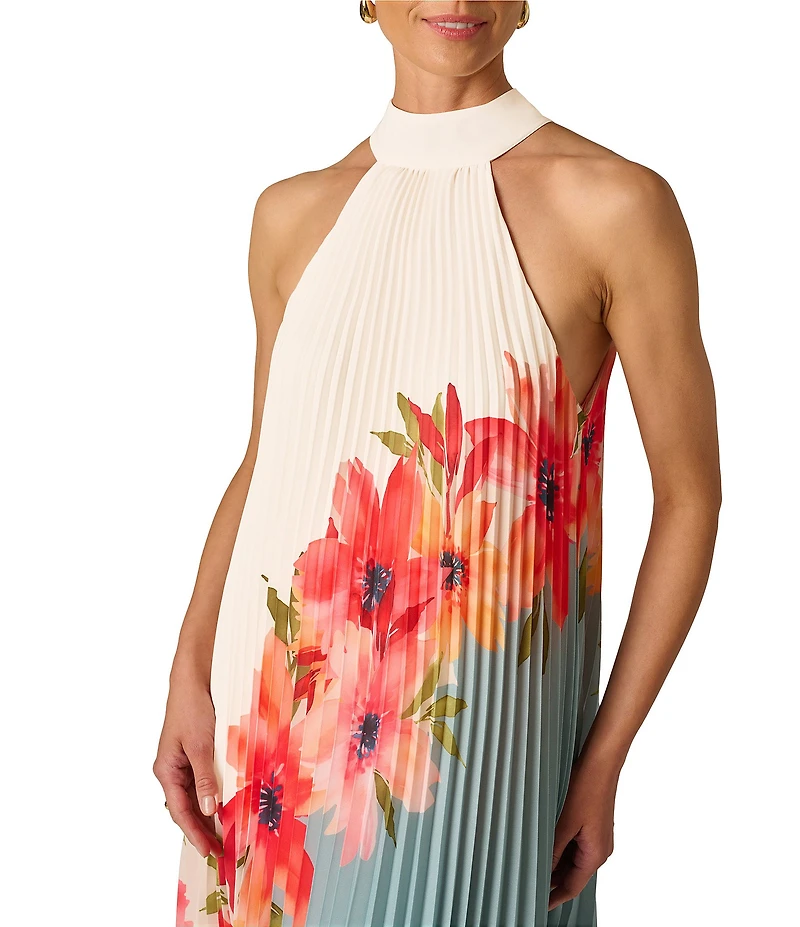 Adrianna Papell Floral Print Halter Neck Pleated Chiffon Midi Dress