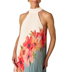 Adrianna Papell Floral Print Halter Neck Pleated Chiffon Midi Dress