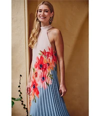 Adrianna Papell Floral Print Halter Neck Pleated Chiffon Midi Dress