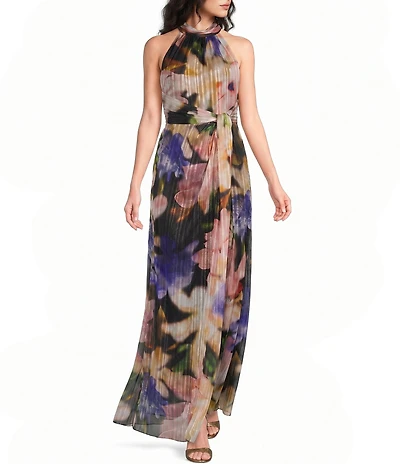 Adrianna Papell Floral Print Halter Neck Sleeveless Chiffon Long Dress