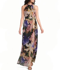 Adrianna Papell Floral Print Halter Neck Sleeveless Chiffon Long Dress