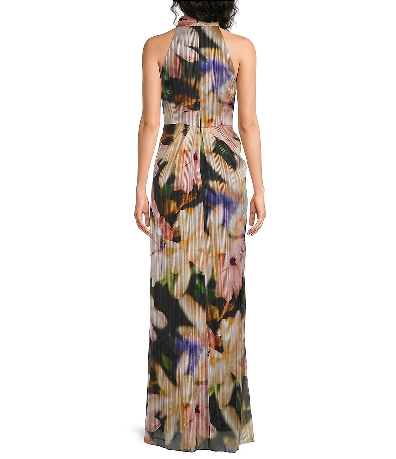 Adrianna Papell Floral Print Halter Neck Sleeveless Chiffon Long Dress