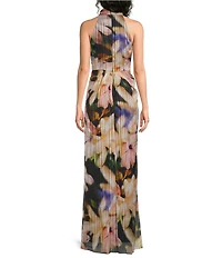 Adrianna Papell Floral Print Halter Neck Sleeveless Chiffon Long Dress