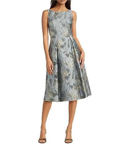 Adrianna Papell Floral Print Jacquard Boat Neck Sleeveless Midi Dress