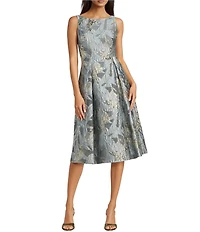 Adrianna Papell Floral Print Jacquard Boat Neck Sleeveless Midi Dress