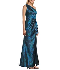Adrianna Papell Floral Print Jacquard One Shoulder Sleeveless Gown