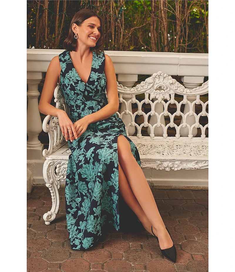 Adrianna Papell Floral Print Jacquard Tuxedo V-Neck Sleeveless Gown