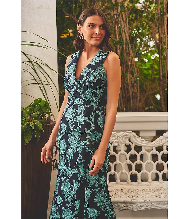 Adrianna Papell Floral Print Jacquard Tuxedo V-Neck Sleeveless Gown
