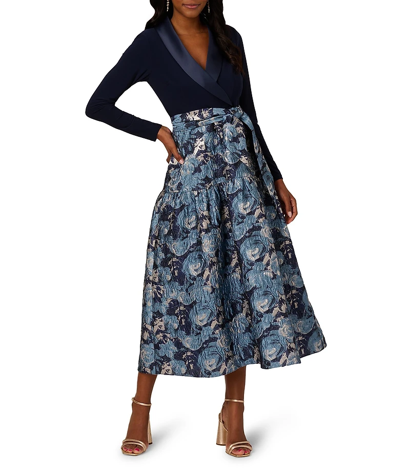 Adrianna Papell Floral Print Long Sleeve V-Neck Jersey Jacquard Tuxedo Dress