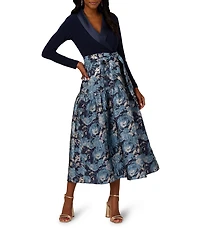 Adrianna Papell Floral Print Long Sleeve V-Neck Jersey Jacquard Tuxedo Dress