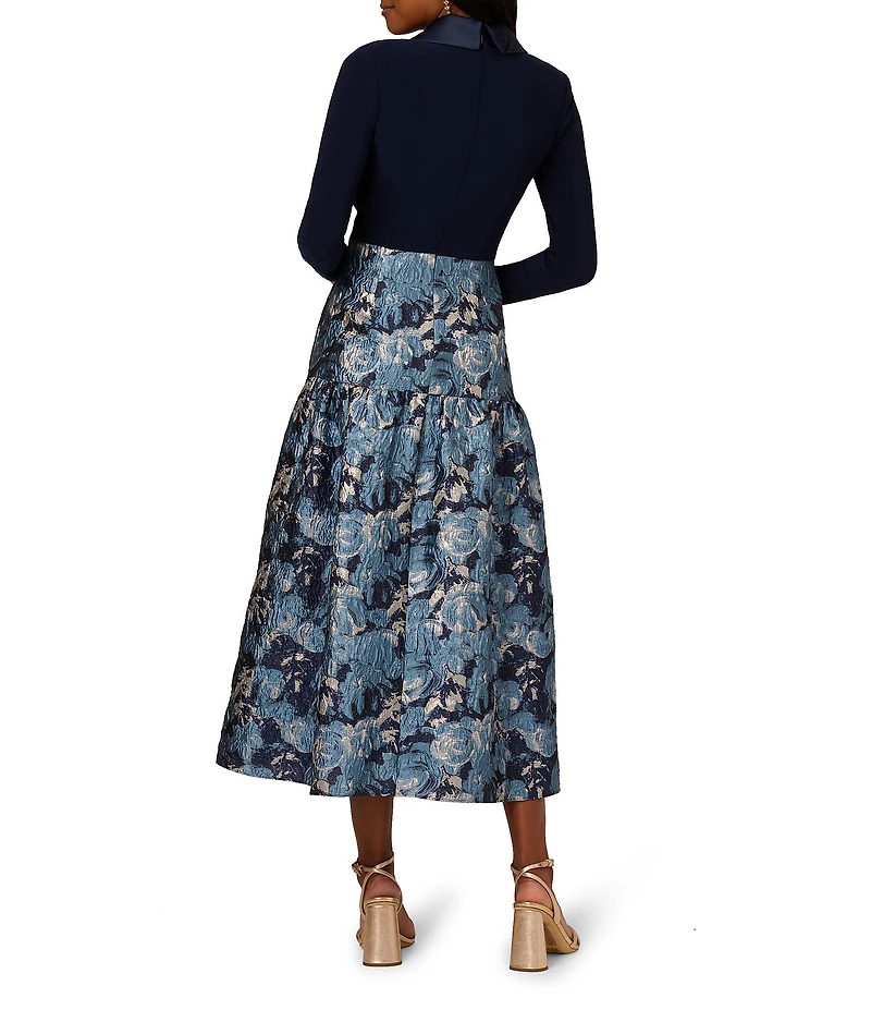 Adrianna Papell Floral Print Long Sleeve V-Neck Jersey Jacquard Tuxedo Dress