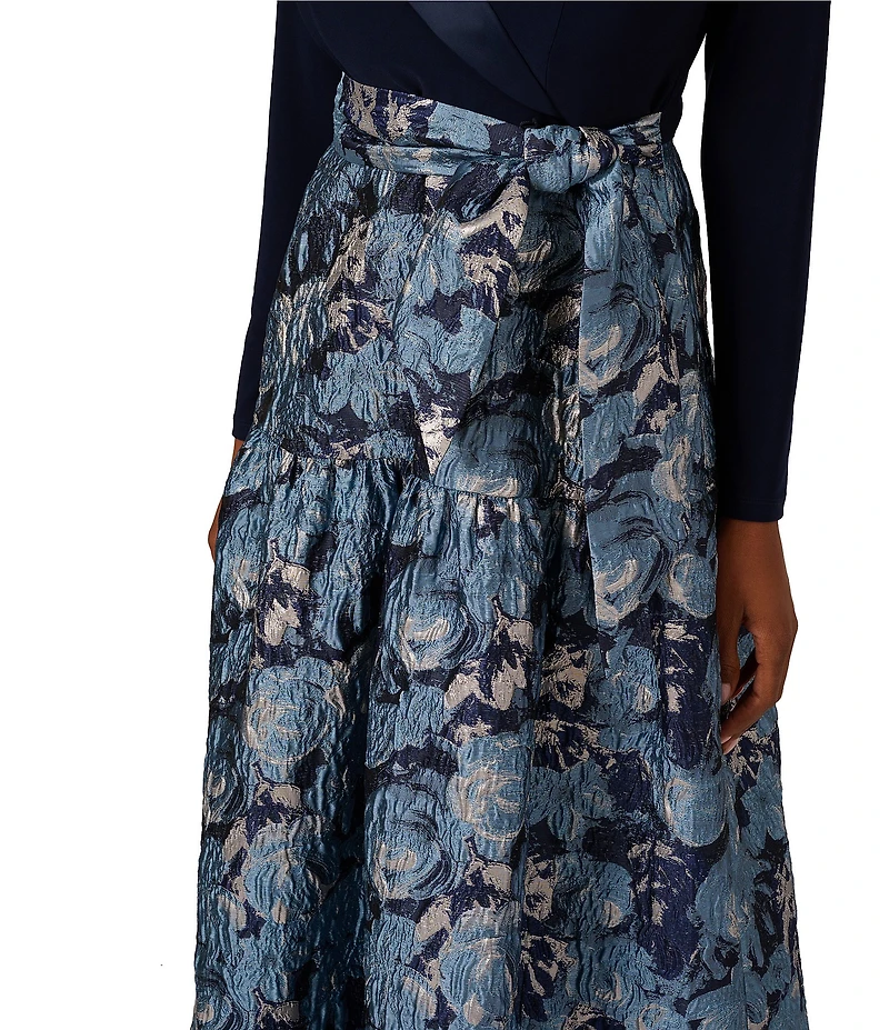 Adrianna Papell Floral Print Long Sleeve V-Neck Jersey Jacquard Tuxedo Dress