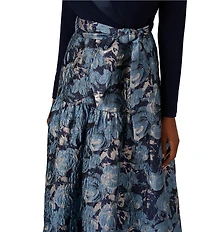 Adrianna Papell Floral Print Long Sleeve V-Neck Jersey Jacquard Tuxedo Dress