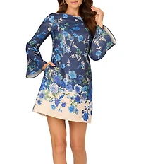 Adrianna Papell Floral Print Metallic Crew Neck Long Flare Sleeve A-line Mini Dress