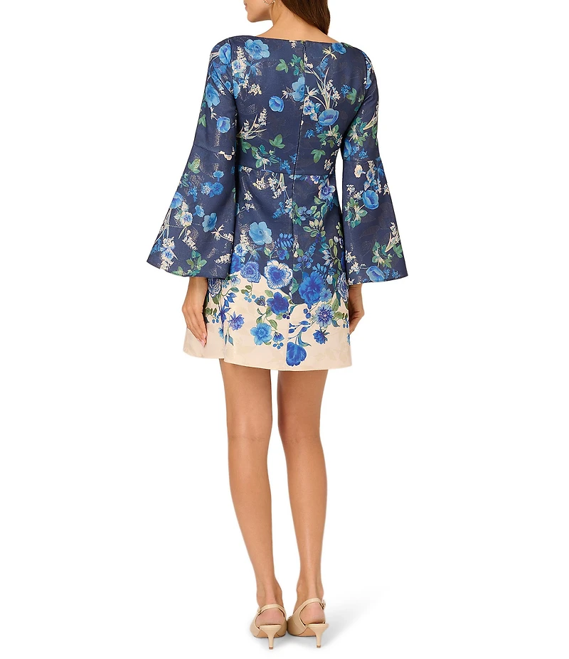 Adrianna Papell Floral Print Metallic Crew Neck Long Flare Sleeve A-line Mini Dress