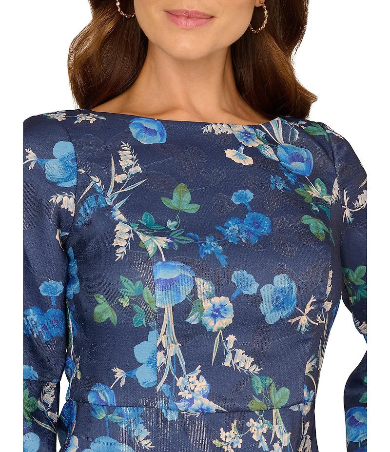 Adrianna Papell Floral Print Metallic Crew Neck Long Flare Sleeve A-line Mini Dress