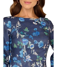 Adrianna Papell Floral Print Metallic Crew Neck Long Flare Sleeve A-line Mini Dress