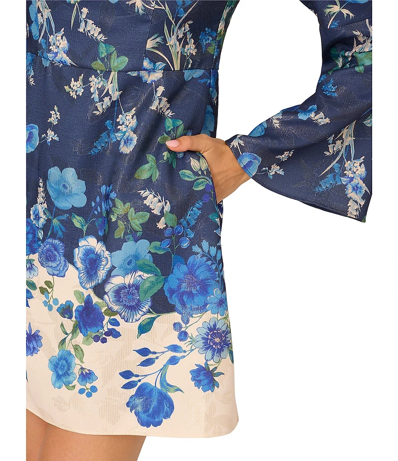 Adrianna Papell Floral Print Metallic Crew Neck Long Flare Sleeve A-line Mini Dress