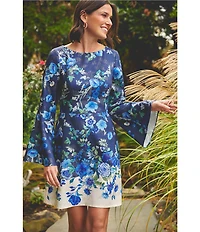 Adrianna Papell Floral Print Metallic Crew Neck Long Flare Sleeve A-line Mini Dress