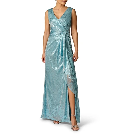 Adrianna Papell Floral Print Metallic Crinkle Side Drape Gown