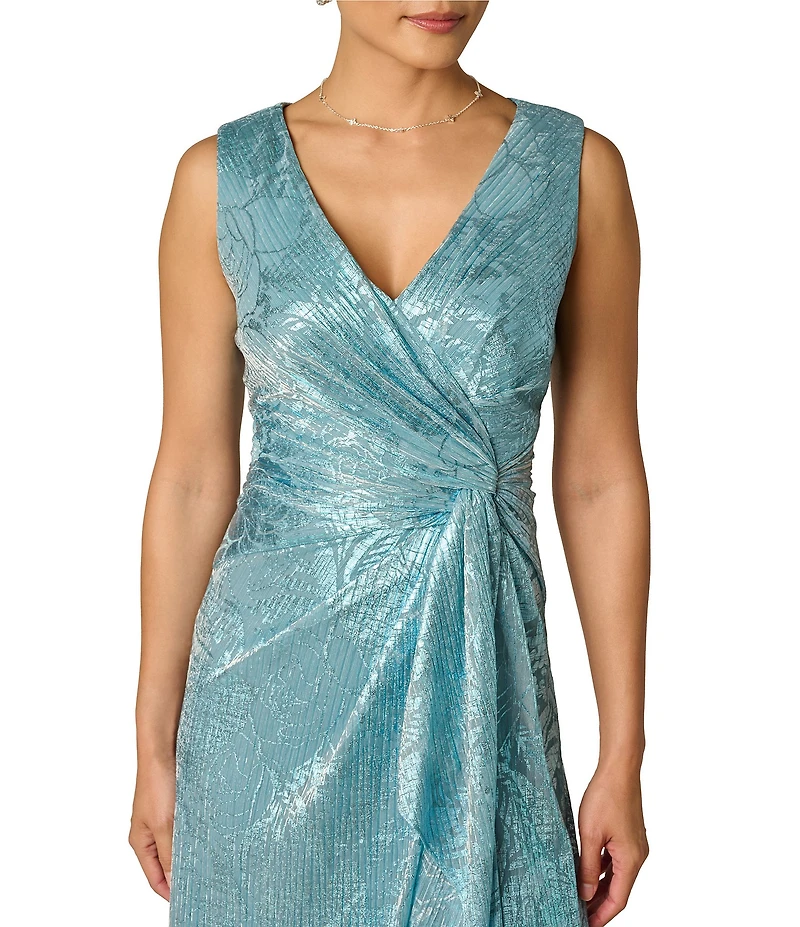 Adrianna Papell Floral Print Metallic Crinkle Side Drape Gown