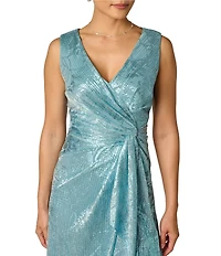 Adrianna Papell Floral Print Metallic Crinkle Side Drape Gown