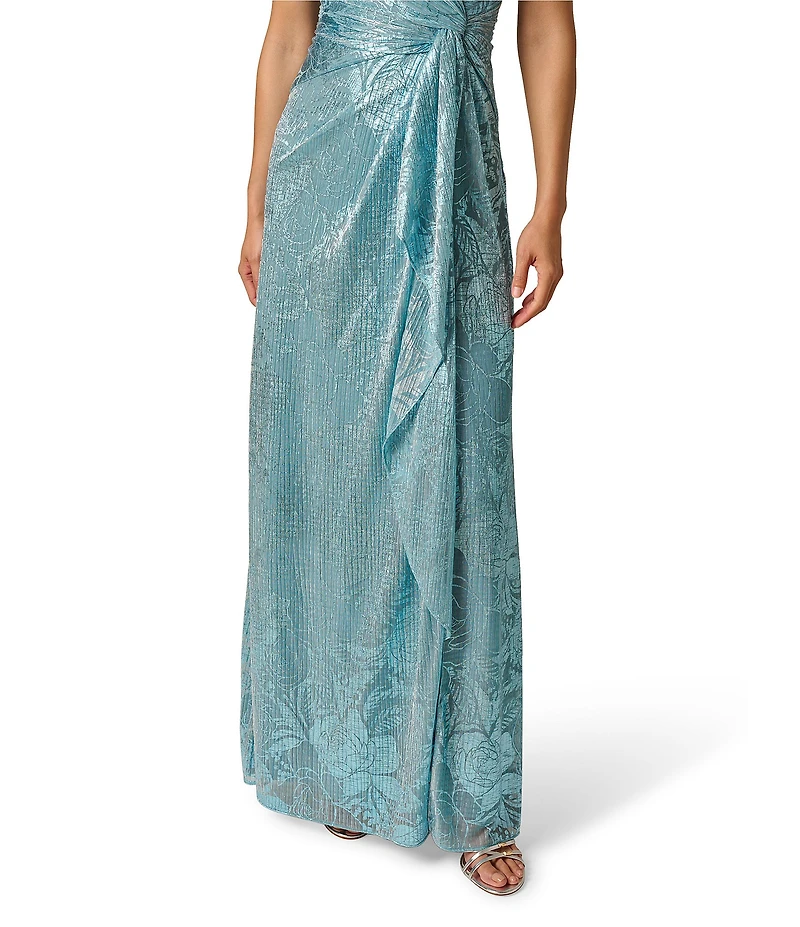 Adrianna Papell Floral Print Metallic Crinkle Side Drape Gown